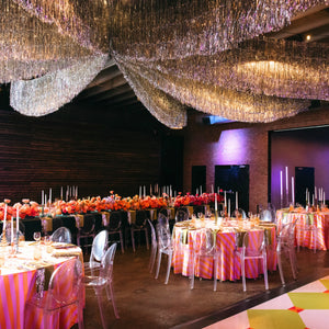 Ceiling Silver Tinsel Garlands At a wedding