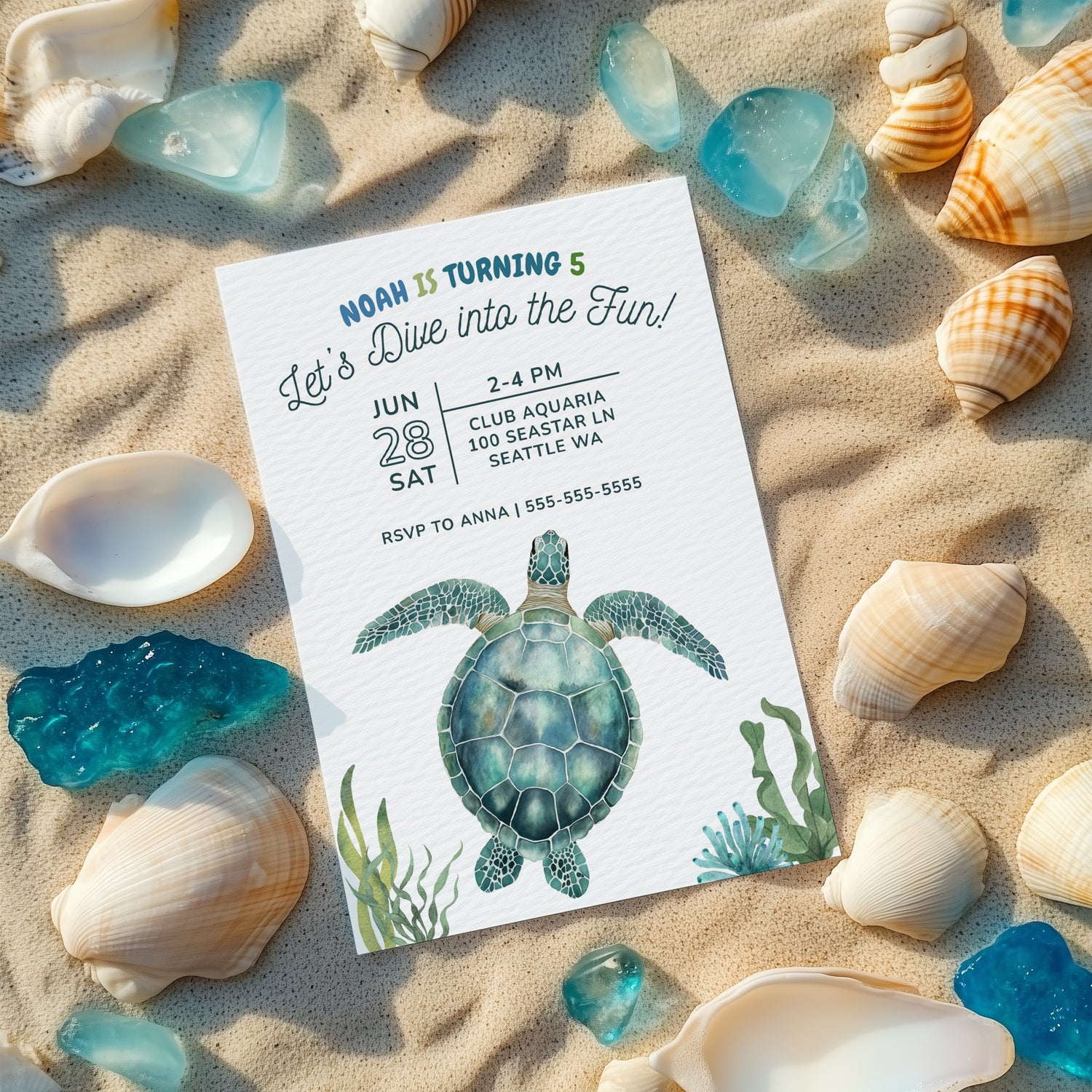 Editable Sea Turtle Birthday Party Digital Invitation