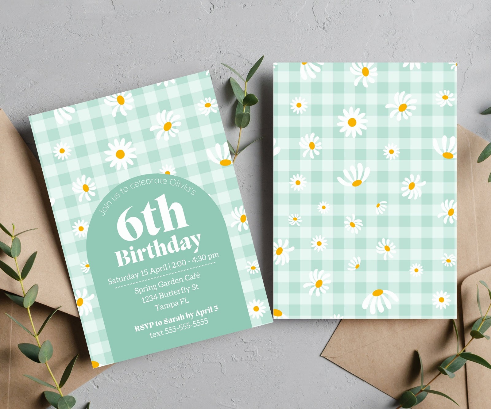 Editable Digital Blush Gingham Daisy Birthday Invitation - Perfect for Spring Picnic Birthday Party
