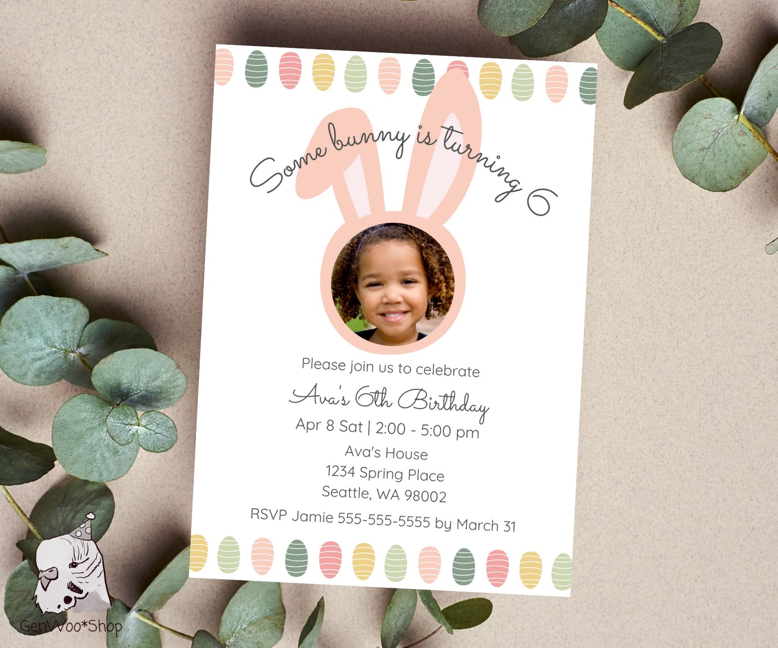 Editable Digital Easter Bunny Photo Birthday Invitation With Eggs - Spring Easter Themed Birthday Party Invitation Canva Template