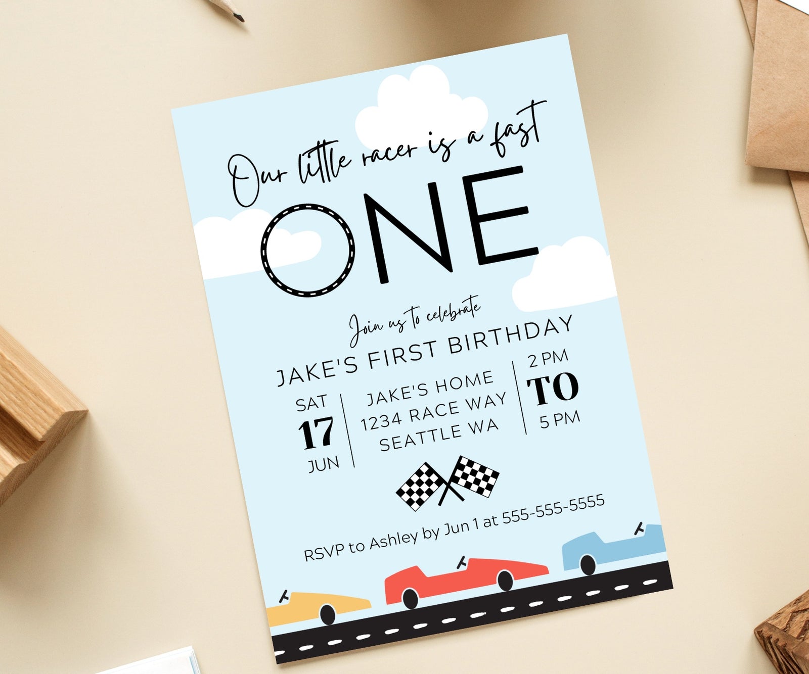 Editable Digital Race Car Fast One 1st Birthday Invitation