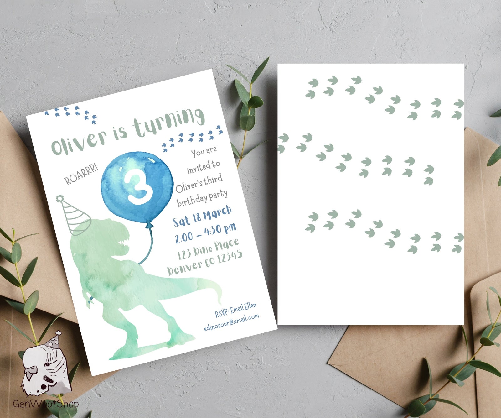 Editable Digital T-Rex Birthday Party Invitation Canva Template with Watercolor Dinosaur Illustrations